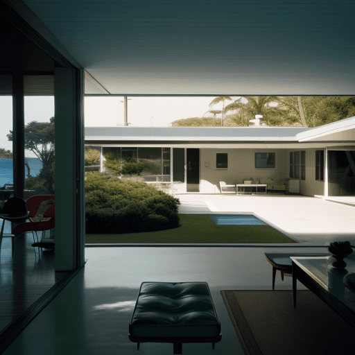 AI generated: Hyper realistic eye level exterior photo of a mid century modern style house overlooking the ocean, ...