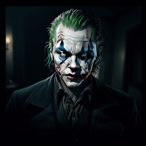 AI generated: The Joker, a villain from the Batman film series, looks at himself in a broken mirror, in the style ...