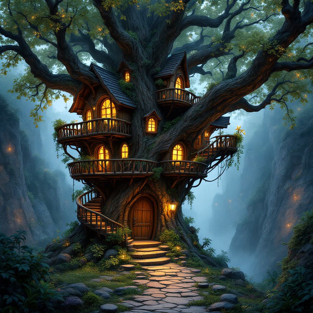 AI generated: A whimsical, fantasy-style treehouse nestled within a massive ancient tree, surrounded by misty clif...