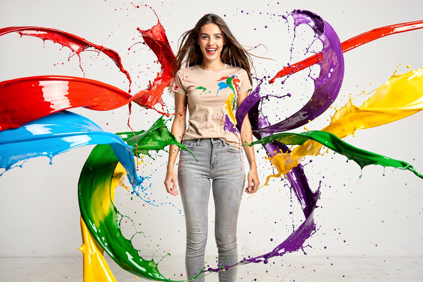 AI generated: a full body photograph of young female looking at the viewer, standing against a plain white wall. T...