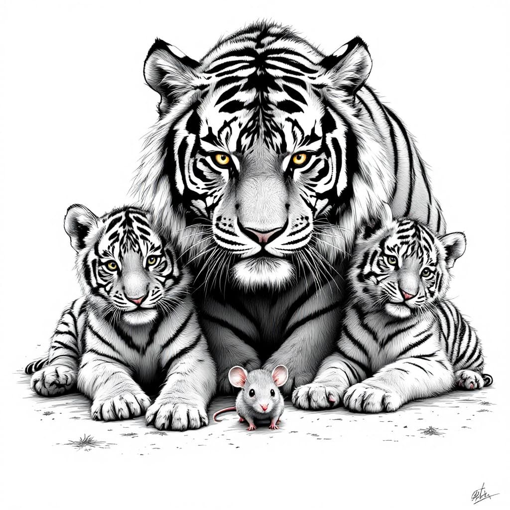 AI generated: a tiger and two tiger cubs, and a big mouse,ferocious, detailed,full-body shots,ink style,black and ...