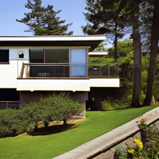AI generated: Hyper realistic eye level exterior photo of a mid century modern style house overlooking the ocean, ...