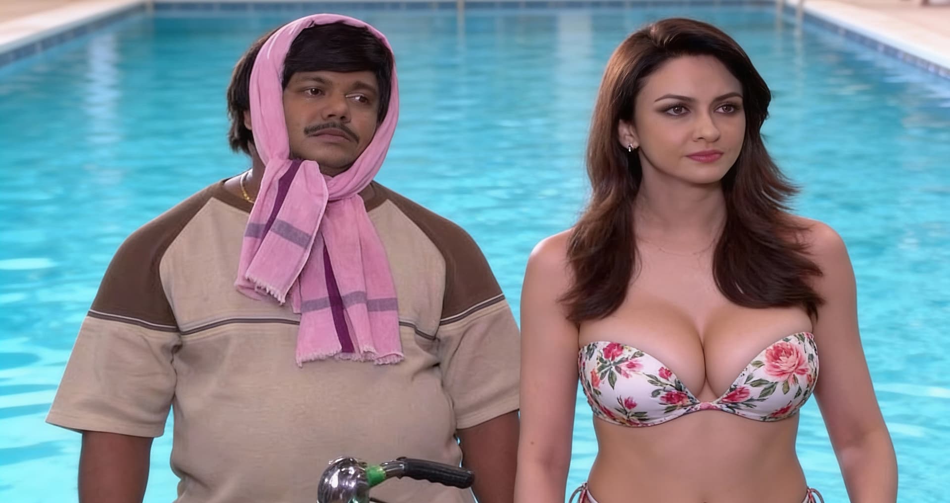 AI generated: The Women wearing a strapless floral print hot bikini bust size 36d and standing in swimming pool wi...