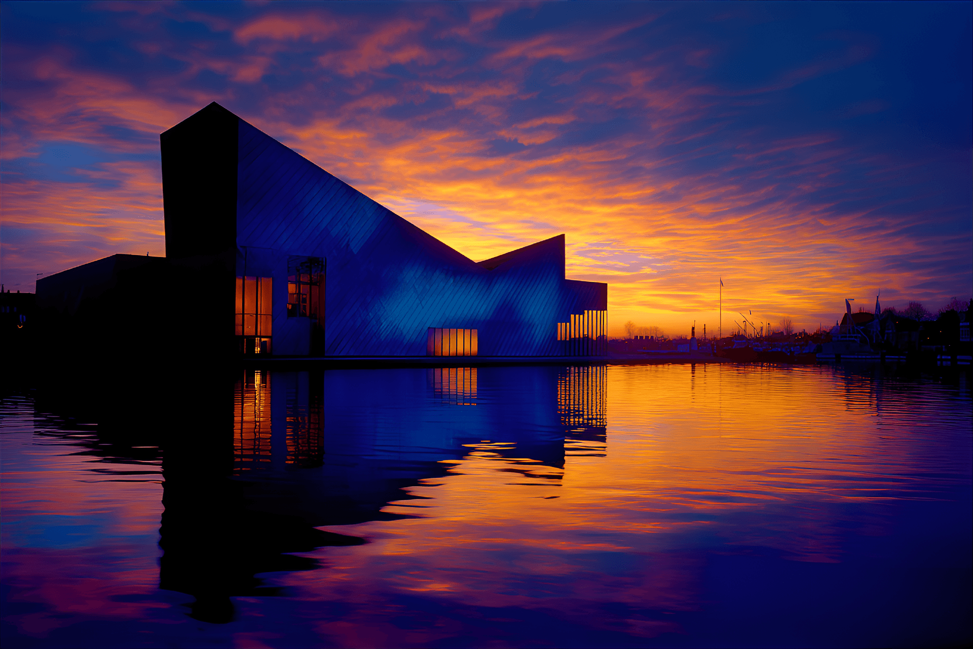 AI generated: Postmodernist museum, , abstract form, sunset colors, blue hour