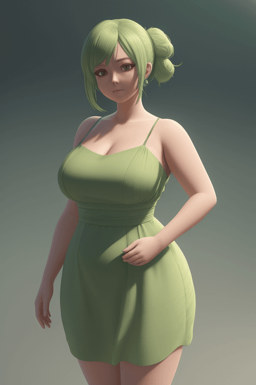 AI generated: young lady, chubby, tight light green dress, anime style, high detail, octane render, 8k