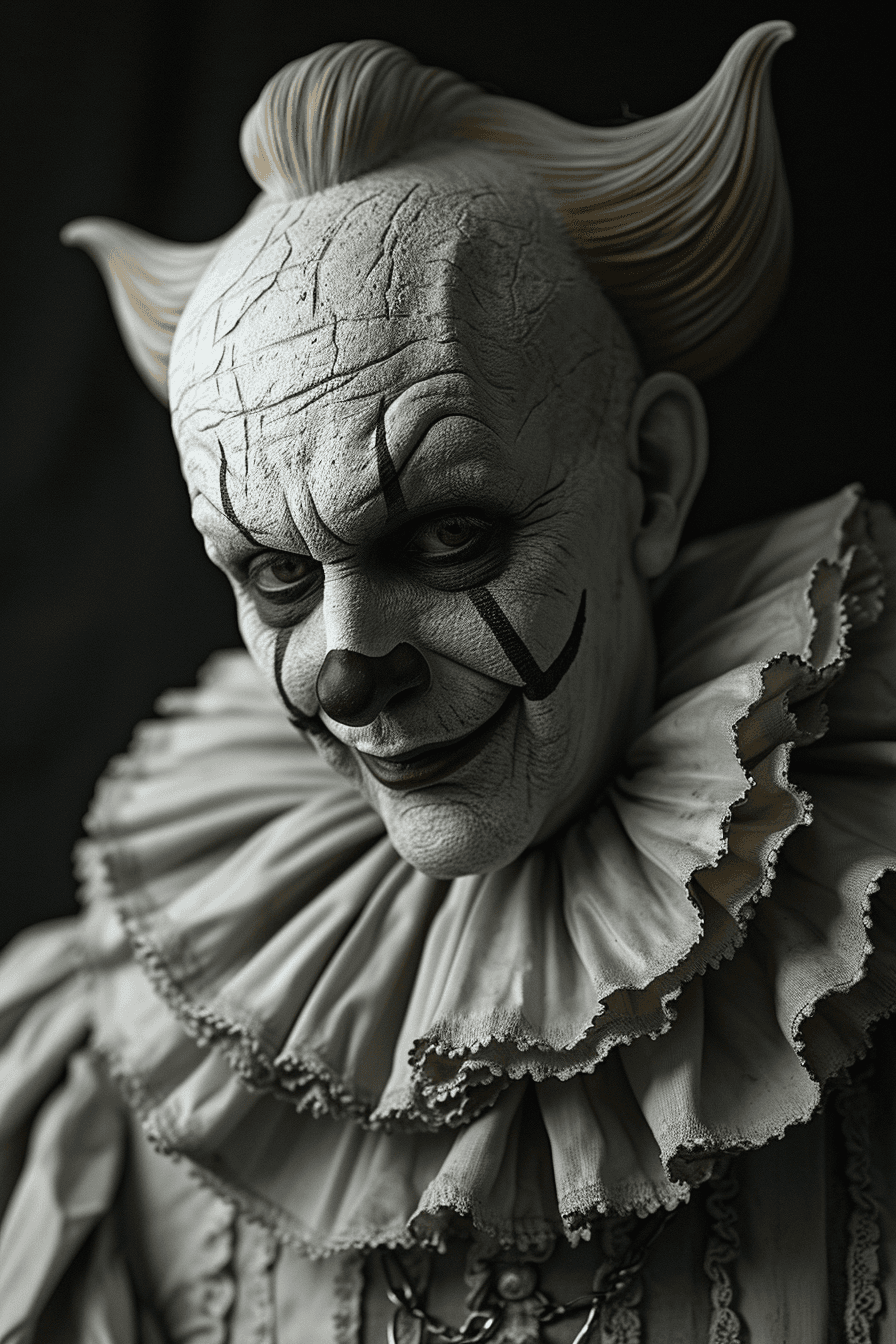 AI generated: Portrait of an evil pierrot, horror, grim, chiaroscuro, extremely detailed, extremely intricate, pho...