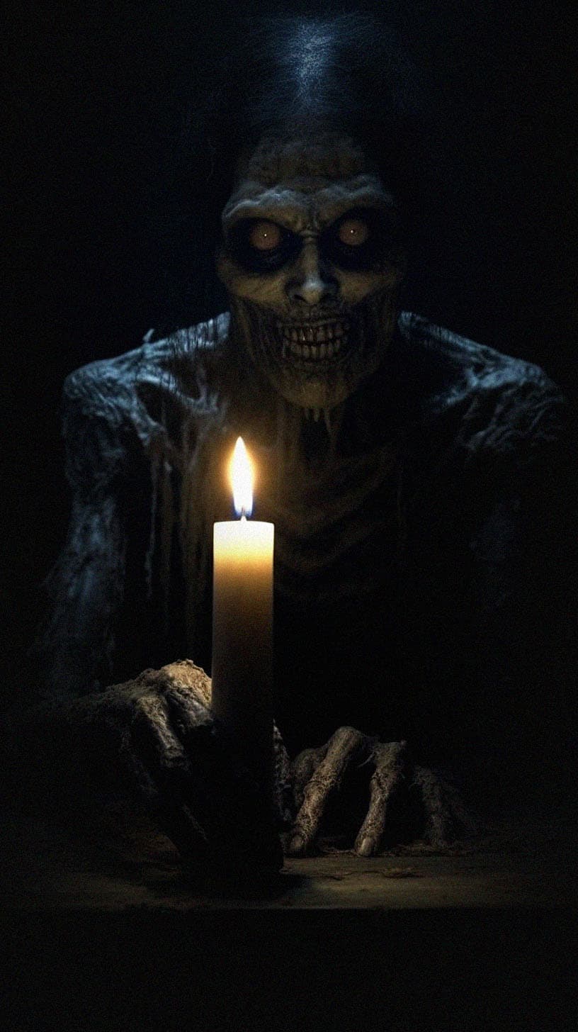 AI generated: Creepy female creature by a candle on a table, horror, dark and haunting, hyperrealism, ultra-detail...