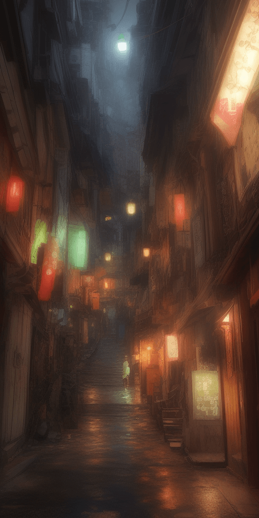AI generated: Scenery in Jiufen Taiwan, strong color contrast, rainy night, wide-angle lens