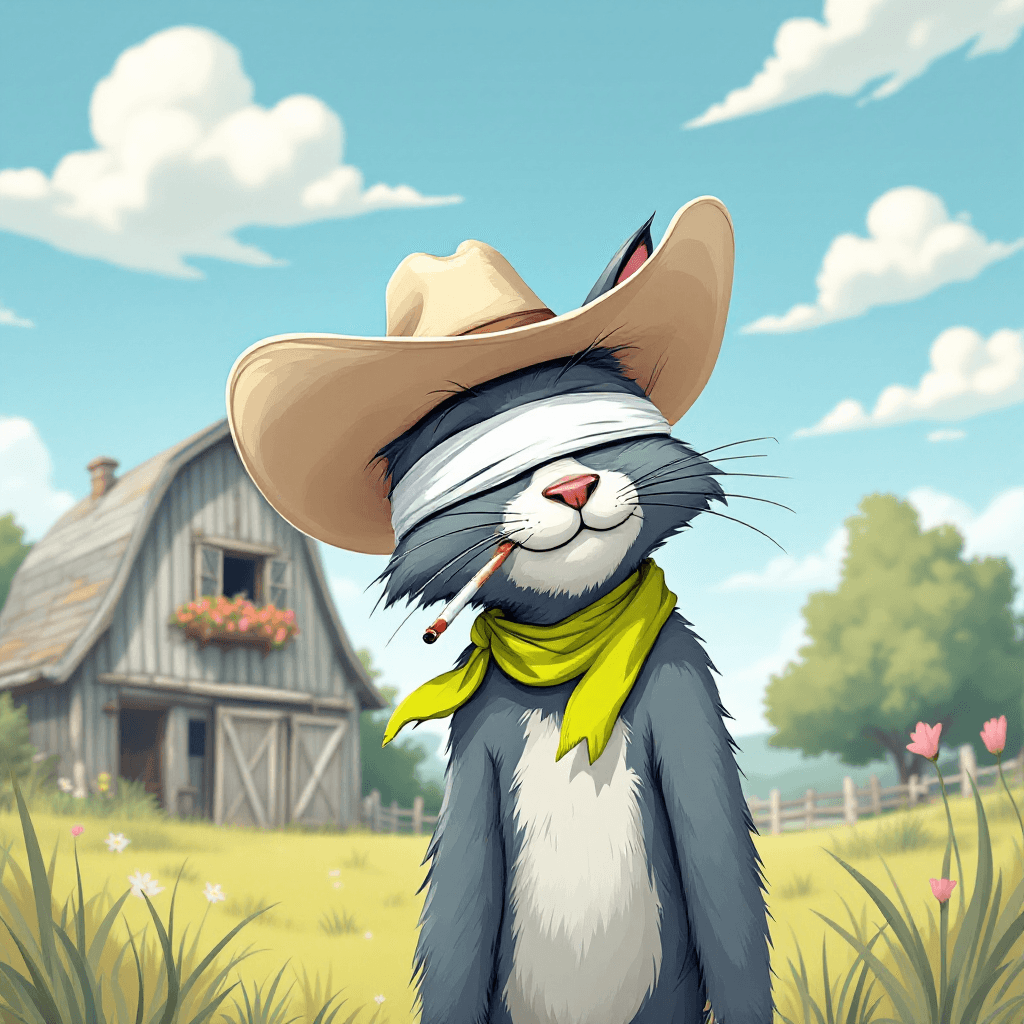 AI generated: Imagine Tom the cat as a quirky cowboy in this delightful cartoon scene! He sports a comically overs...