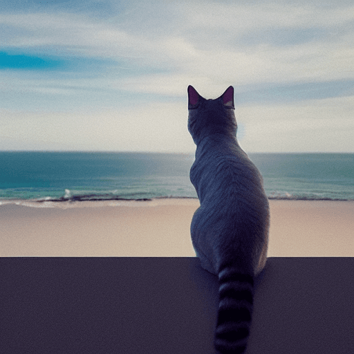 AI generated: hyper realistic cat looking the ocean, daylight, indirect lighting