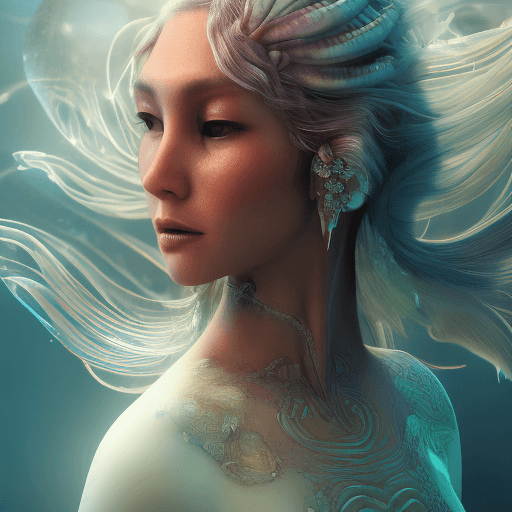 AI generated: Goddess close-up portrait ribcagel. jellyfish phoenix head, nautilus, orchid, skull, betta fish, bio...
