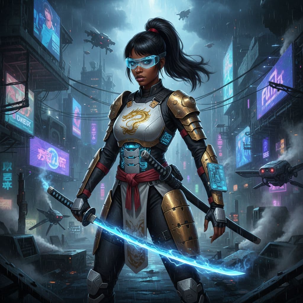 AI generated: A Black woman wearing white and gold ninja armor, holding a katana sword in a dark fantasy world, wi...