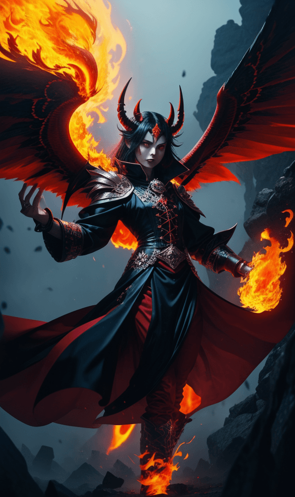 AI generated: satan in heaven, fiery outfit , vast black wings , in fornt of a foggy light, ma;e figure