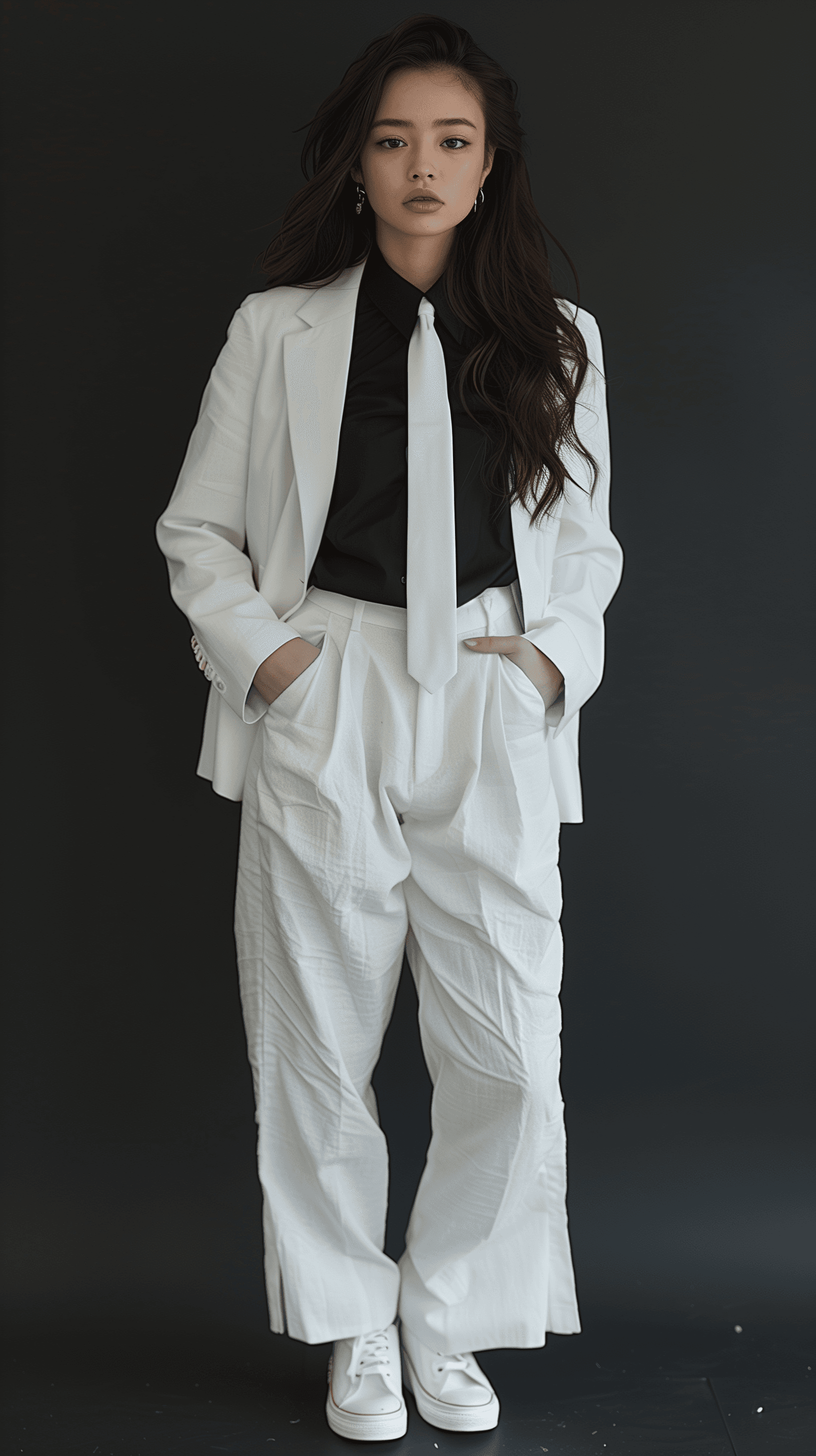 AI generated: fashion photography, front view, full-body, asian woman model, black photo studio, white suit, black...