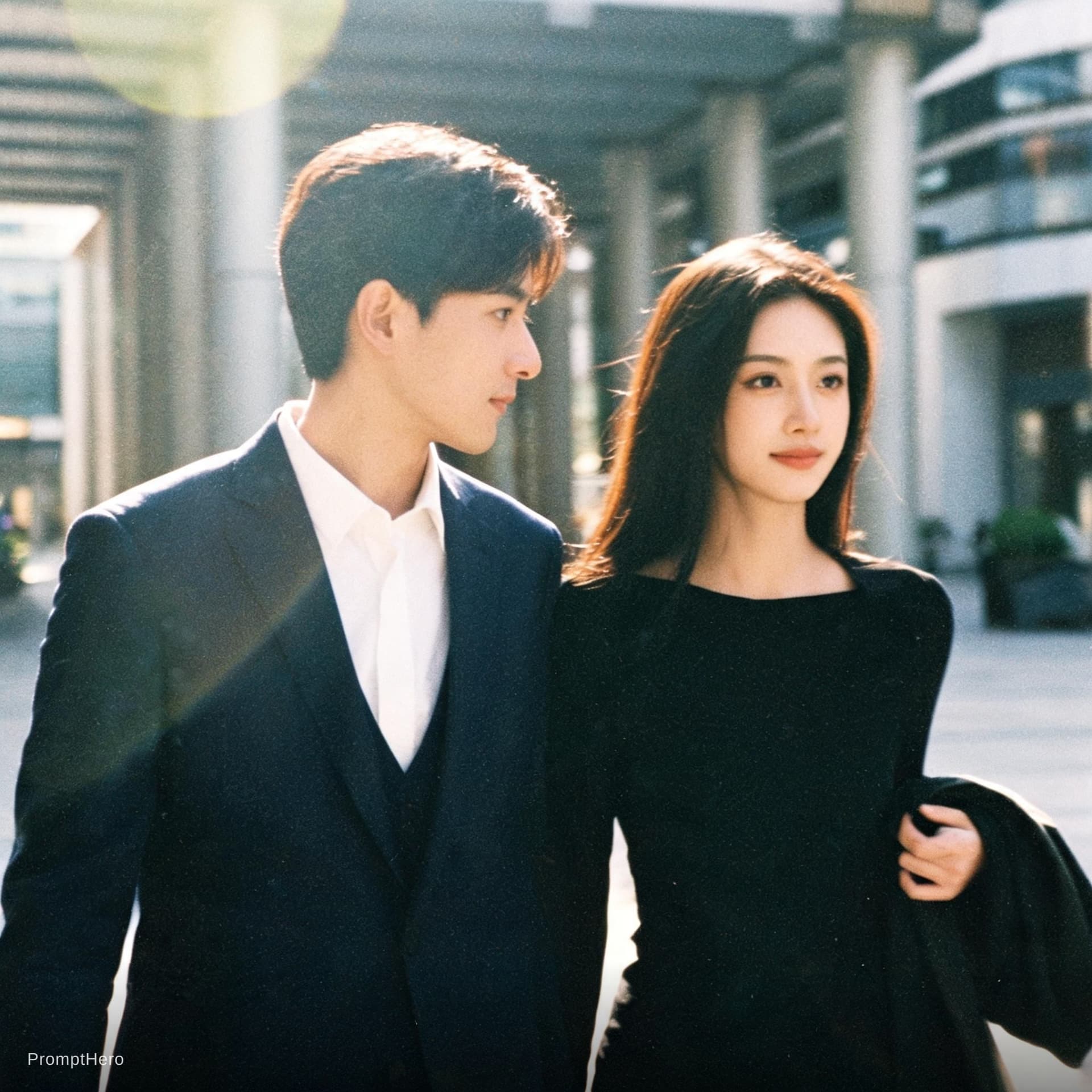 AI generated: A cinematic candid medium shot portrait of a man and a woman walking side by side along a bright urb...