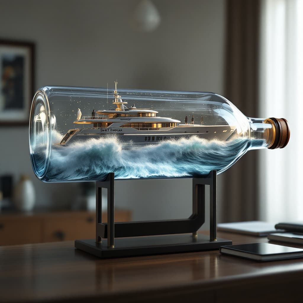 AI generated: A realistic ship in a bottle, featuring a ((2005 76-foot Lazarra enclosed fly bridge)) luxury super ...