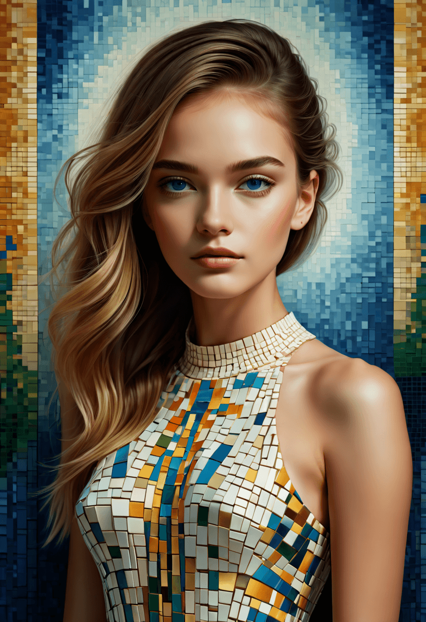 AI generated: Pixelated abstract art of a stunning young model's face, evoking a mosaic elegance in an oversized p...