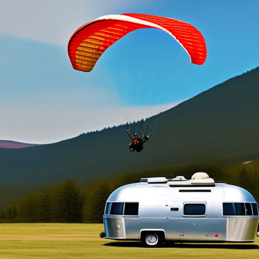 AI generated: A paraglider flying over a vintage airstream camper