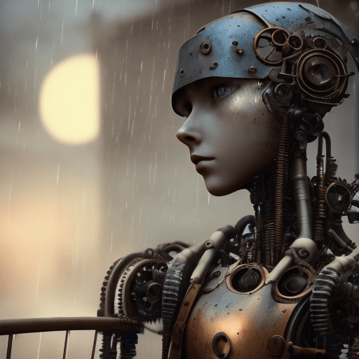 AI generated: Sadness photo of a steampunk half-broken human-like robot, rain, dramatic light, pale sunrise, cinem...