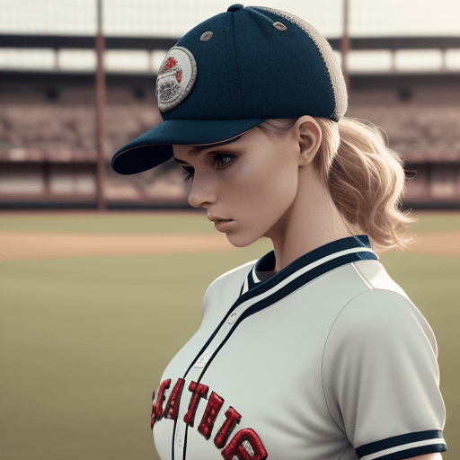 AI generated: Photograph of athletic woman with cap and knitted patch wearing sportswear with embroidered baseball...