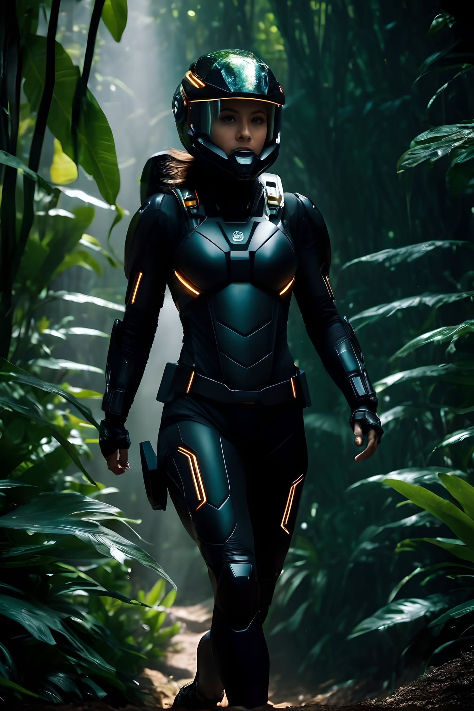 AI generated: Highly detailed cinematic film still, Hip level shot, of (fit female soldier, wearing high-tech blac...