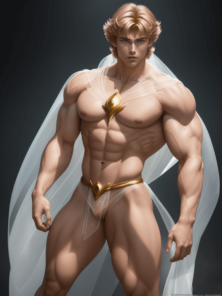 AI generated: Misty from Saint Seiya, french complexion, big muscles and big thighs, dark-blond hair, in his twent...