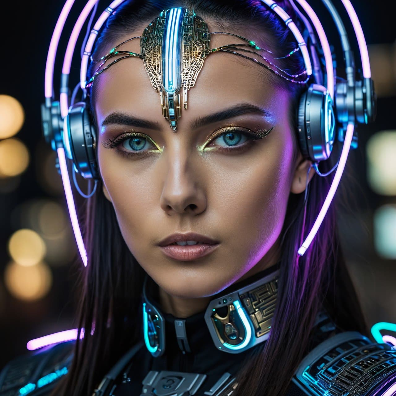 AI generated: RAW photo of Android-Woman, adorned with LED outlining her cybernetics, android-eyes, cyberpunk, int...