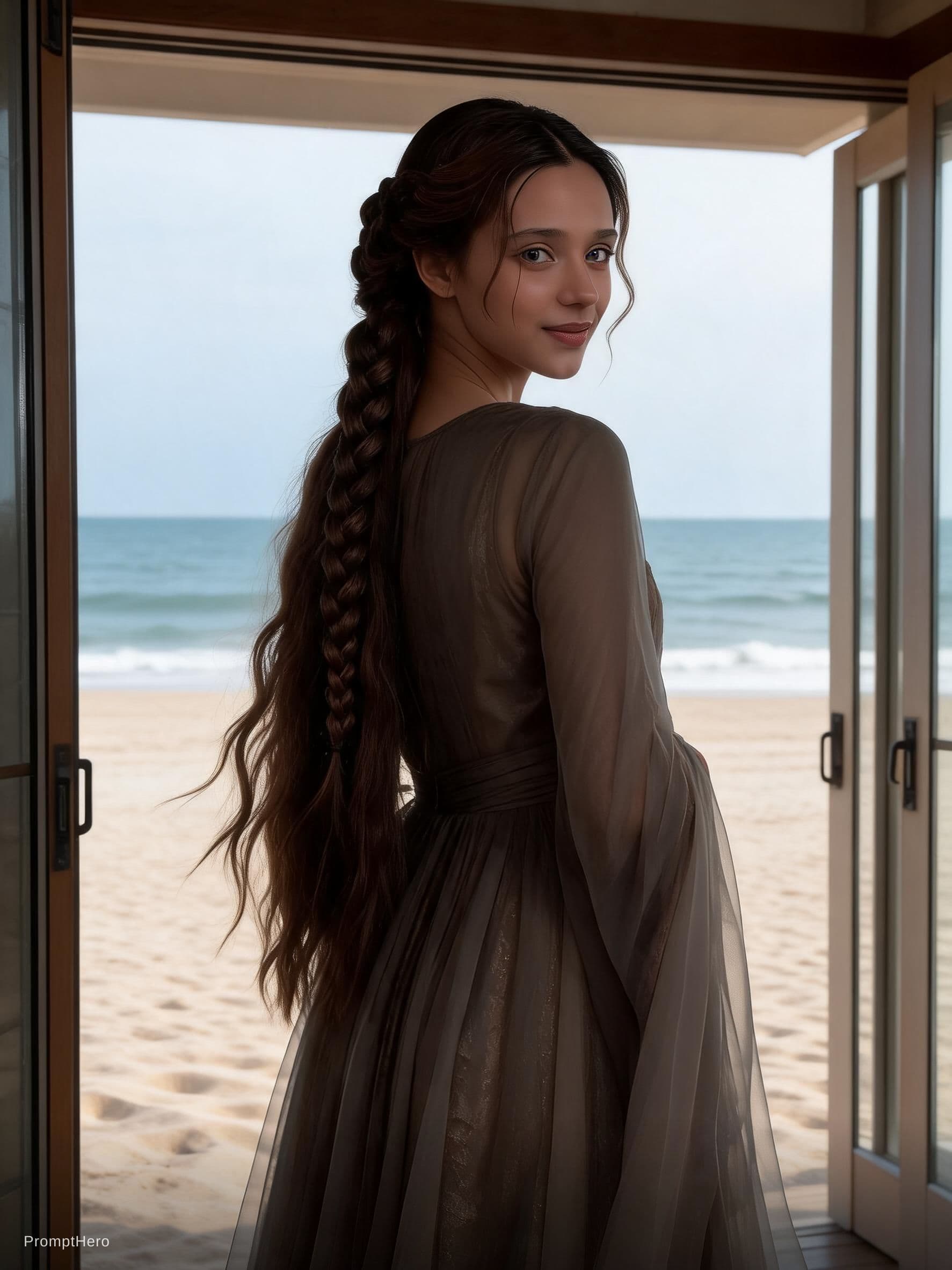 AI generated: The photo is taken in a beach house. The girl is standing near the door (we can see the beach at a d...