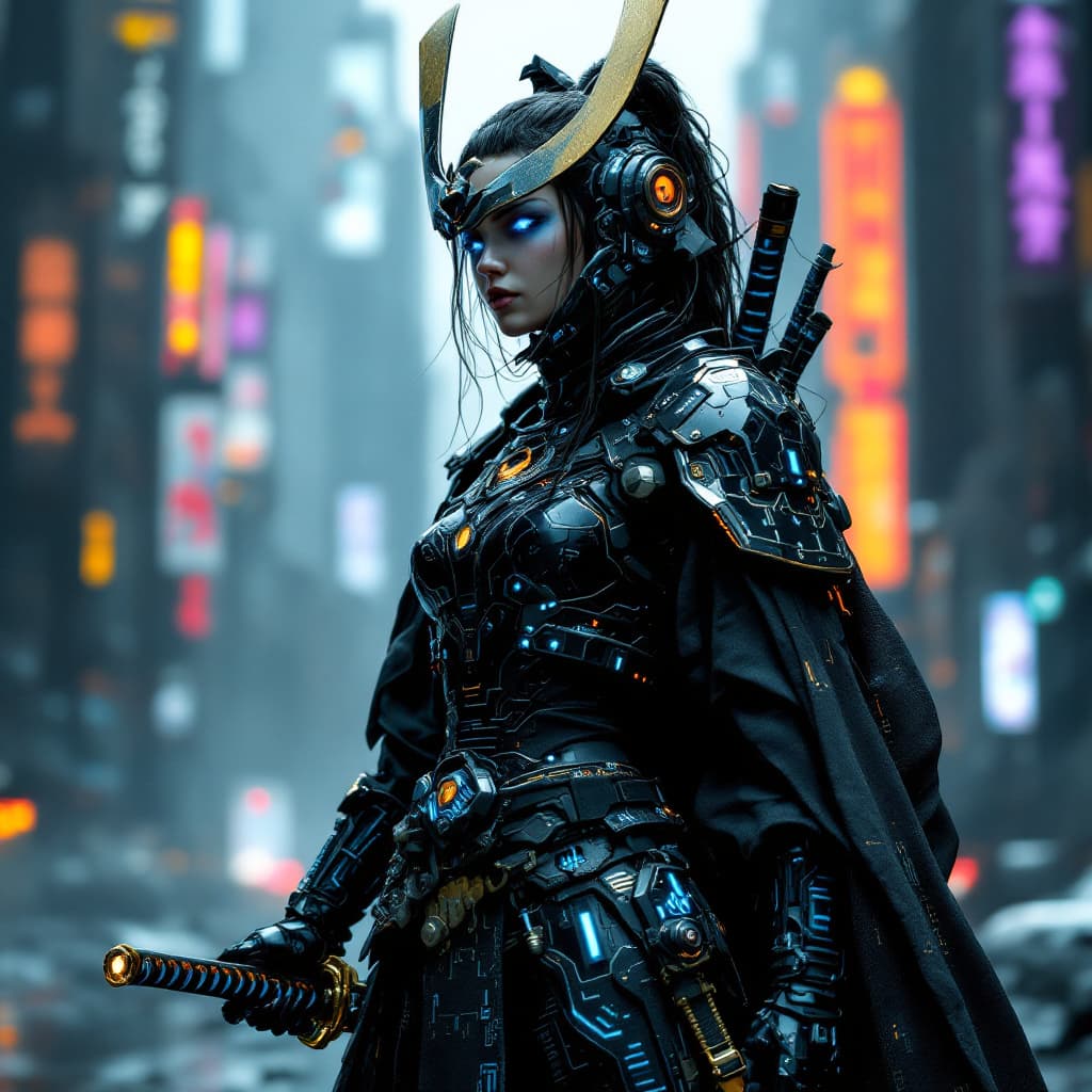 AI generated: Full body view of a Female cyperpunk samurai, standing heroically in a dystopian cityscape, wearing ...