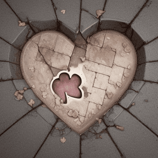 AI generated: a broken heart, floating in a drain, on the sidewalk, raining, sourrounded by small insects looking ...