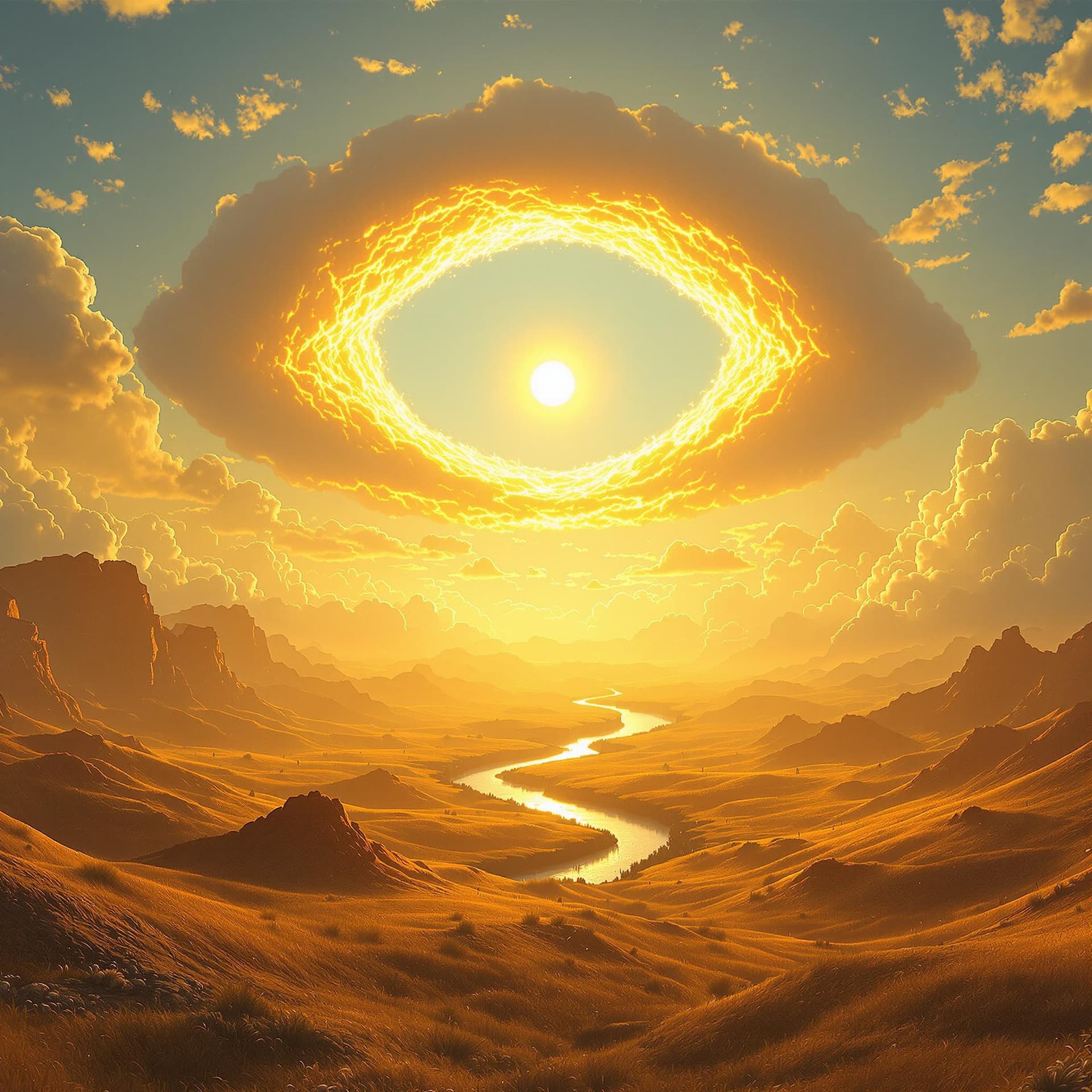AI generated: A surreal, bright, hyperrealistic landscape bathed in golden morning light. Puffy clouds form a gent...