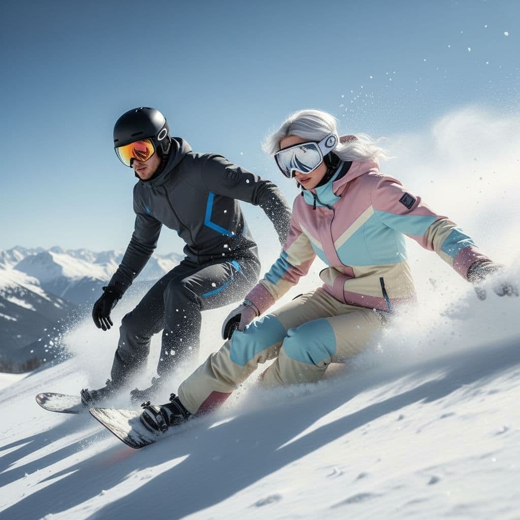 AI generated: Create a hyper-realistic action scene of Lilith and her brother snowboarding down a mountain peak. T...
