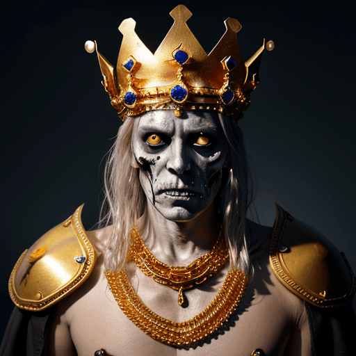 AI generated: Undead king with golden crown and necklaces, golden sunrays headdress, dead white eyes, dead dry ski...