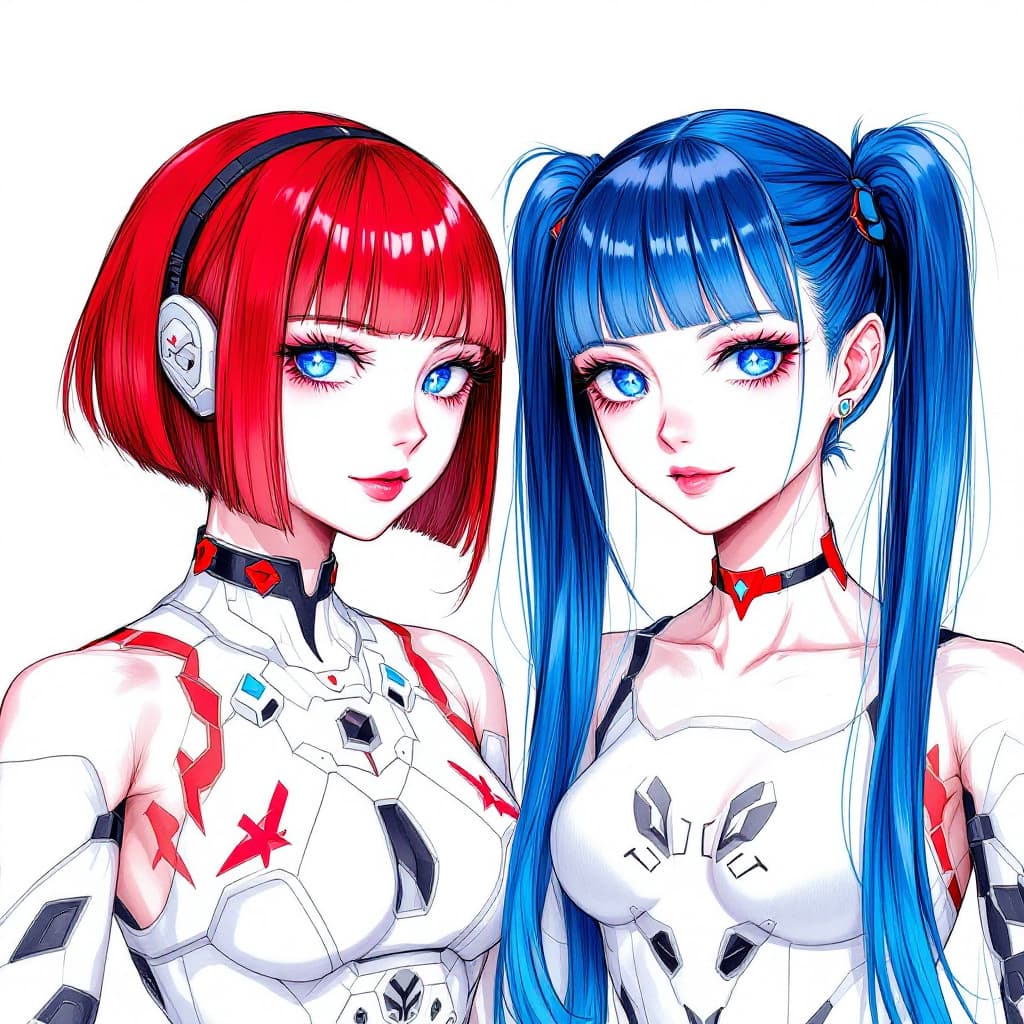 AI generated: by mika pikazo, bright eyes, 2 cybergirls, with white skin, red bobcut and one with long blue ponyta...
