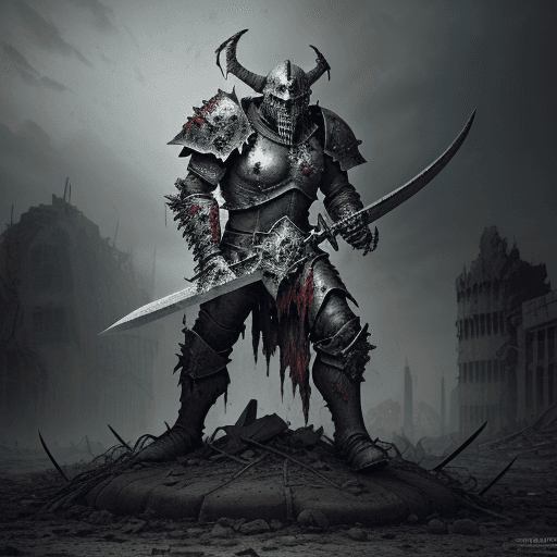 AI generated: A male chaos warrior of khorne in armor is holding a great sword in a ruined post-apocalyptic city, ...