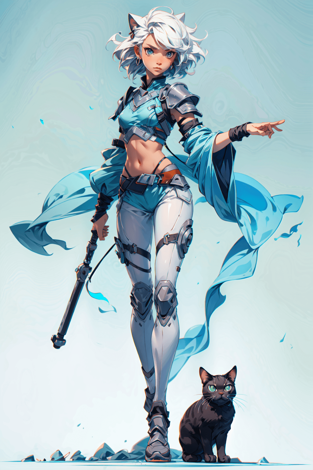 AI generated: (full body), intricate azure armor, detailed gorgeous face, cat ears, beautiful young South Korean g...