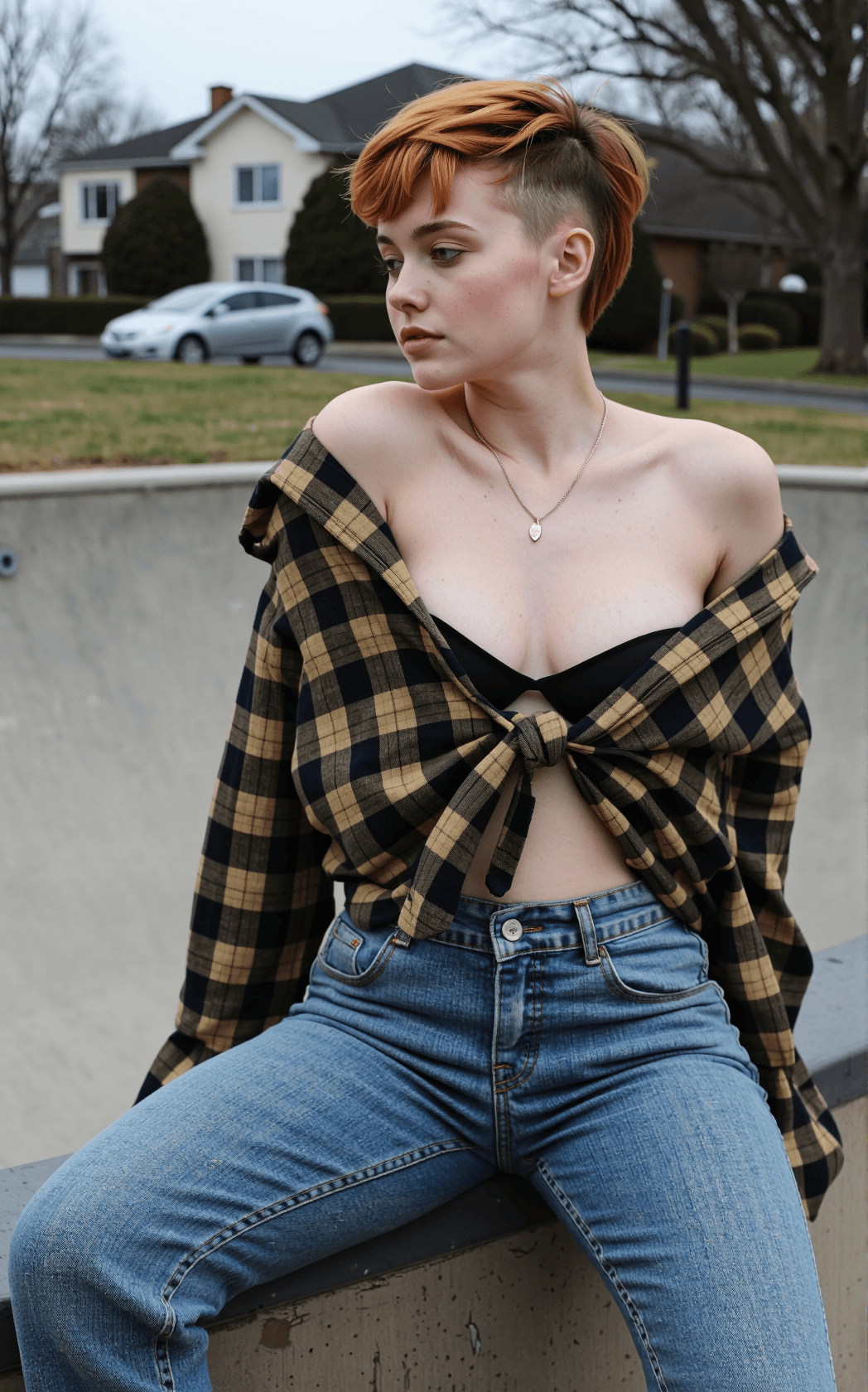 AI generated: Raw documentary skate park photograph with erotic, sensual editorial tone, three-quarter body dynami...