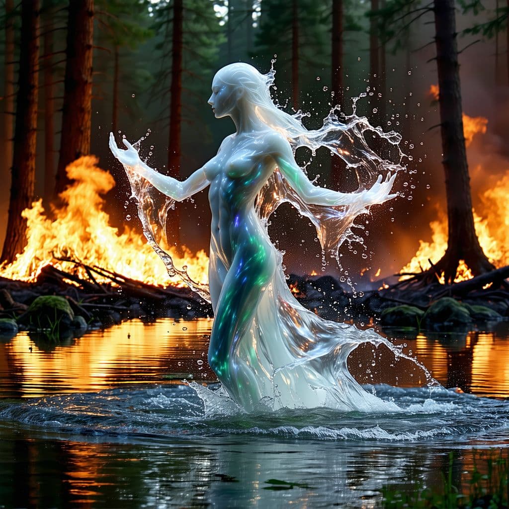 AI generated: female elemental being, queen of water, full body, realistic water hair, water skin, transparent bod...