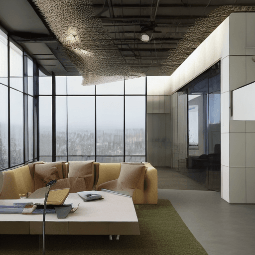 AI generated: hyper realistic photo of company office interior design, green house, living room atmosphere, glass,...