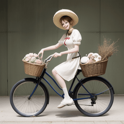 AI generated: A stork carrying a basket with a newborn girl, a bicycle and a mushroom inside