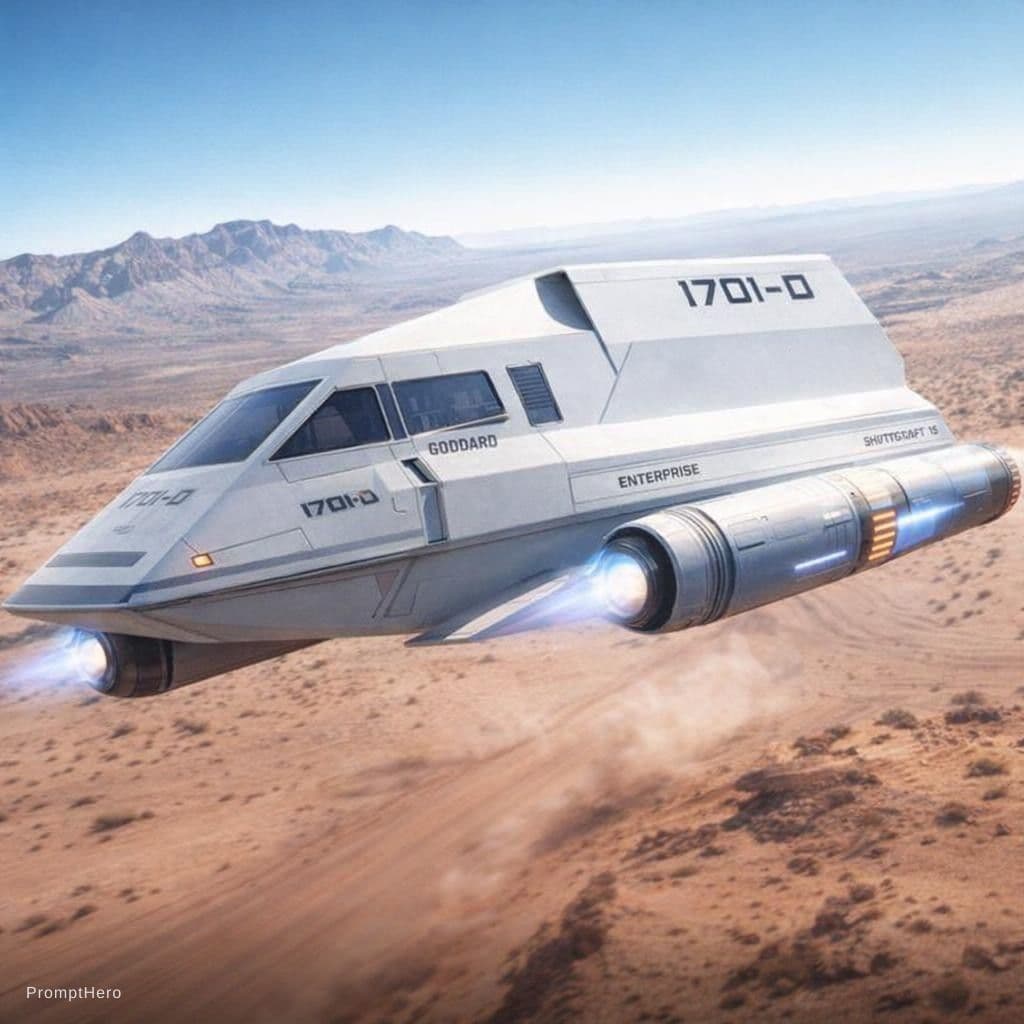 AI generated: a futuristic shuttle craft with propulsion pods flying over a desert landscape