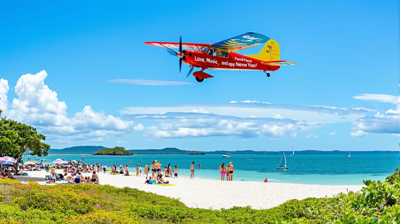 AI generated: panoramic photograph of a vibrant morning at a beach with an island in the foreground, a blue sky do...