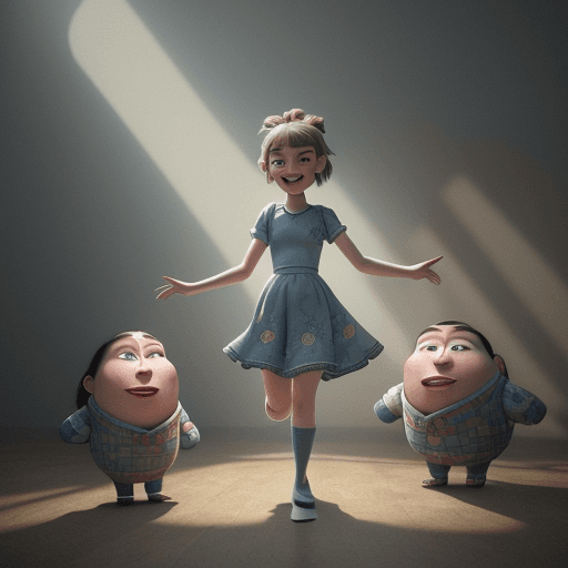 AI generated: An image of a happy cartoon girl, full body accompanied by several characters, which are well define...