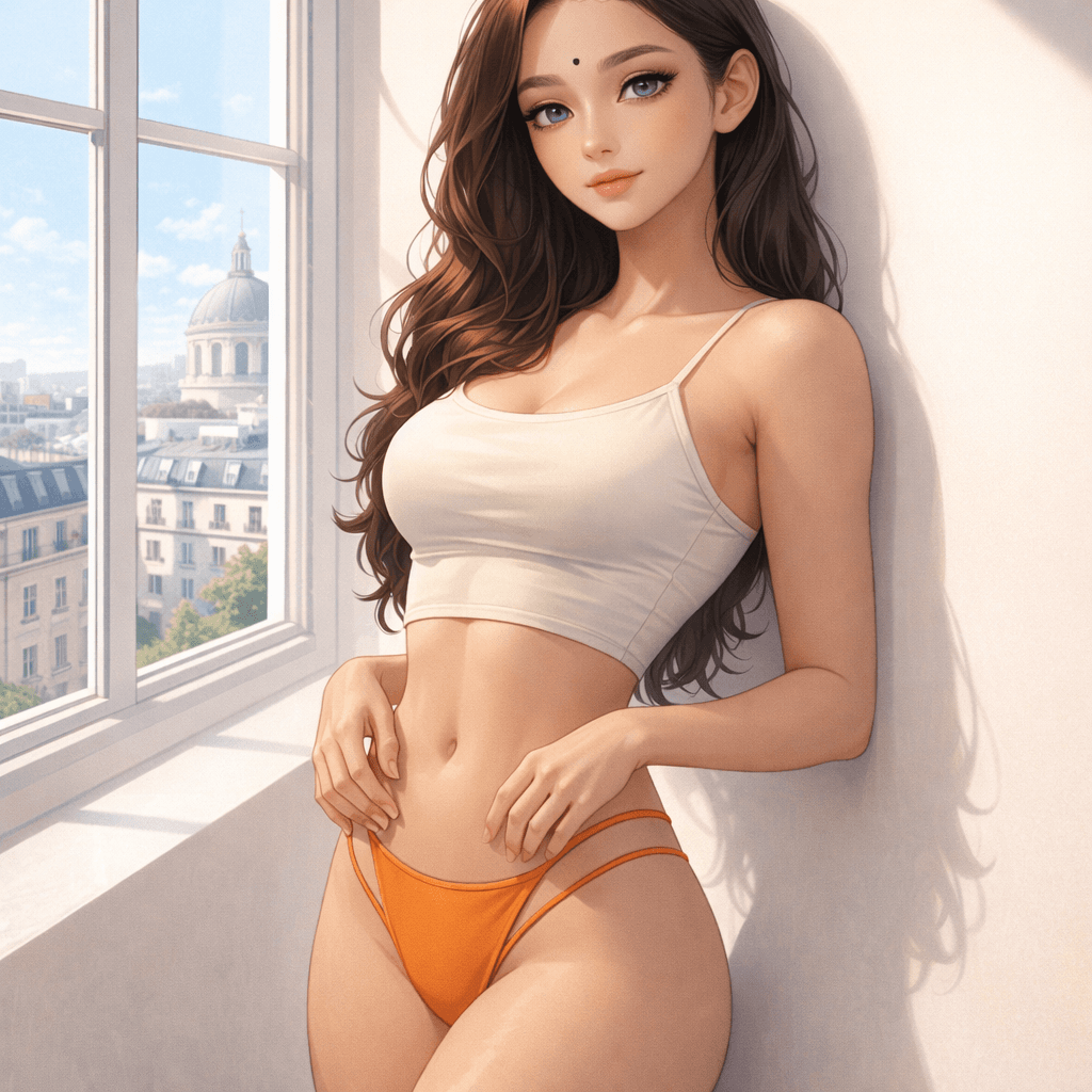 AI generated: A highly detailed, stylized digital illustration of a beautiful young woman with an athletic hourgla...