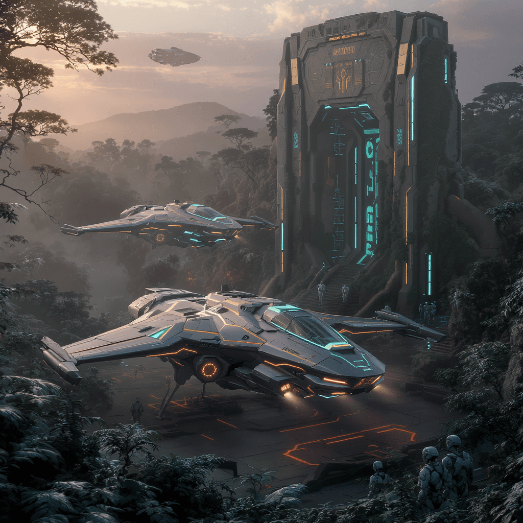 AI generated: **"Futuristic epic adventure scene**, a massive **Tartaria-inspired megalithic building** in the bac...