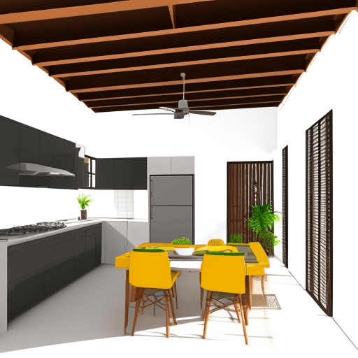 AI generated: vector 3d style, cross-section of simple brazilian house containing: one kitchen, one living room, o...