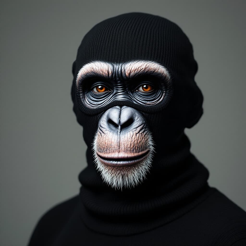 AI generated: a black ribbed knit baklava 3-holes skimask painted with a flat inked chimpanzee face illustration o...