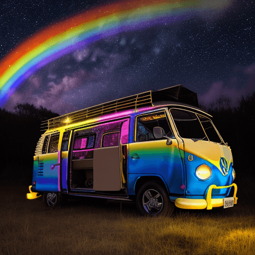 AI generated: rainbow VW bus in front of bonfire under stars