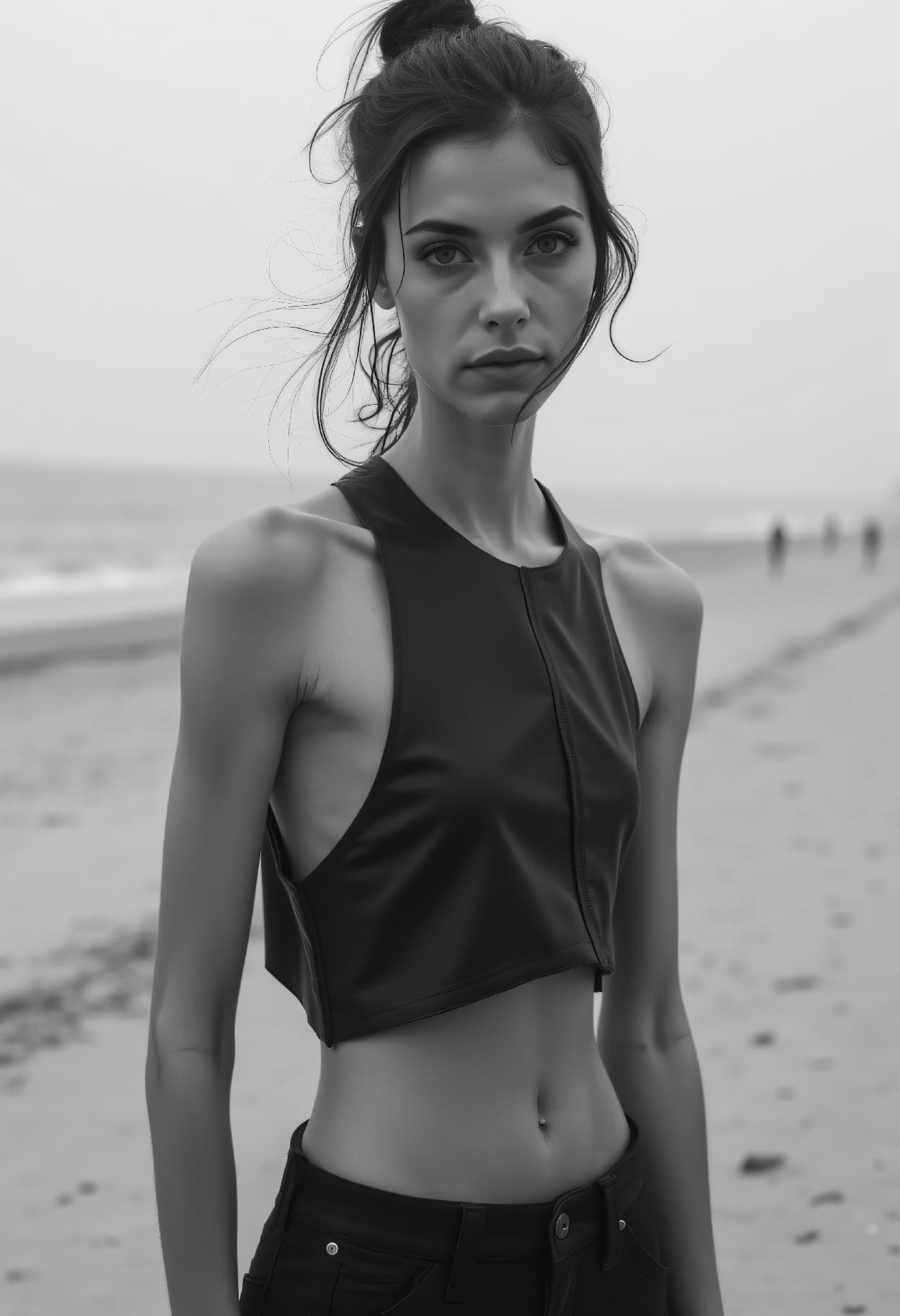 AI generated: black and white photography, Bauhaus Fashion shot from a distance photo of a 24-year-old Bedouin-Bla...