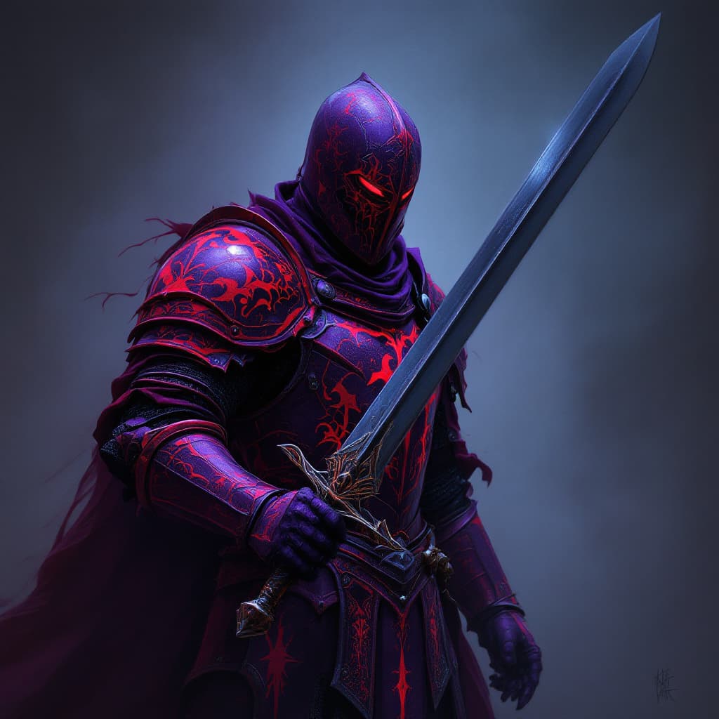 AI generated: a digital art drawing of a medieval knight wielding a one handed sword in front of him, Red and purp...